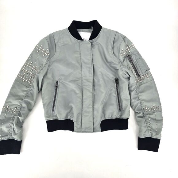 NWT DOMA Blueish Grey Studded Aviator Bomber Jacket Size L - Picture 3 of 6